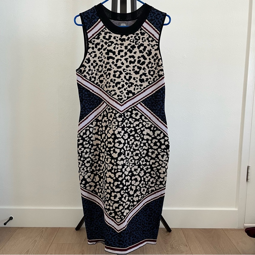 Vince Camuto Leopard Print Knit Sheath Dress In Blue Multi Size Large